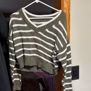 American Eagle Outfitters Olive and White V-Neck Sweater